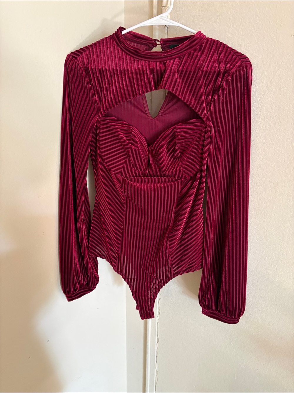 Lulu's Burgundy Velvet Long-Sleeve Cutout Bodysuit